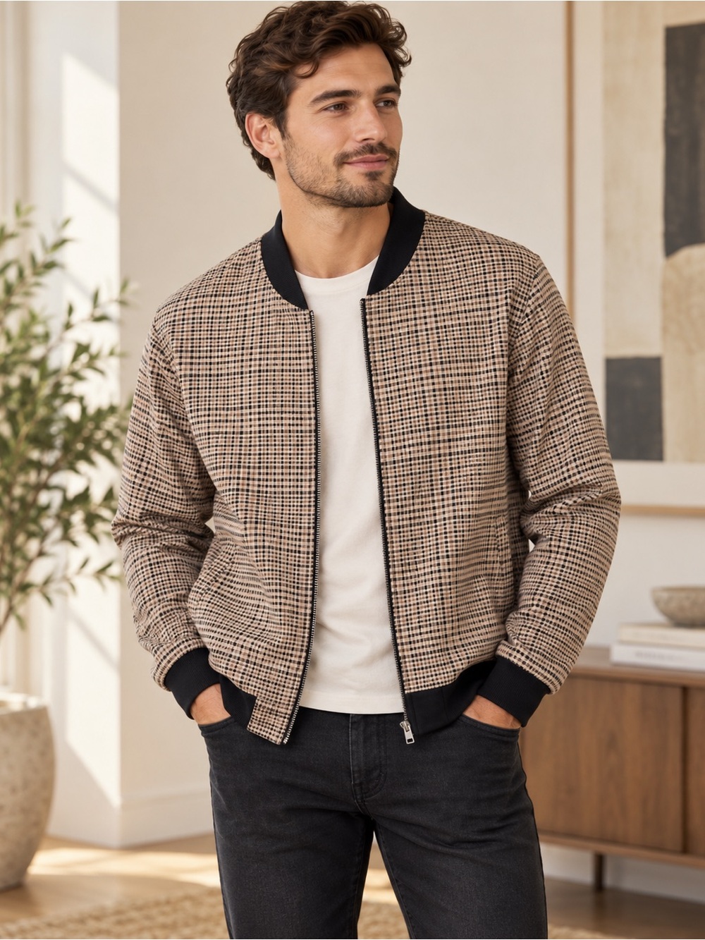 H&M Men’s Check Bomber Jacket Beige Black Size L